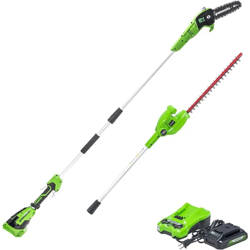 

24V 8" Cordless Polesaw + 20" Pole Hedge Trimmer Combo (Great For Pruning and Trimming Branches / Shrubs), 2.0Ah Battery