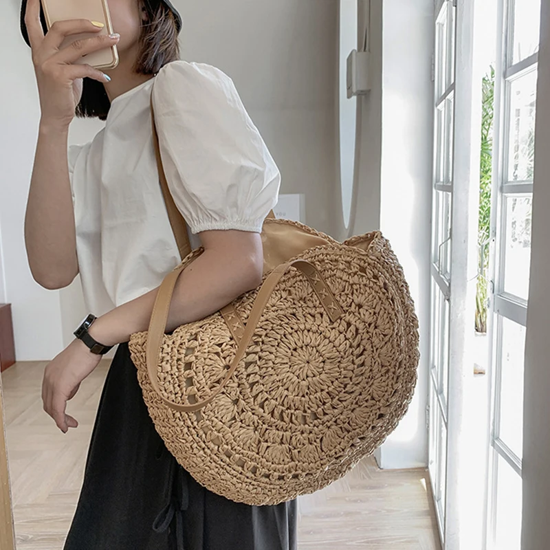 Round Woven Straw Beach Bag - Travel Tote 6 S1d0bf92647e245d0a582acb1725d3306n