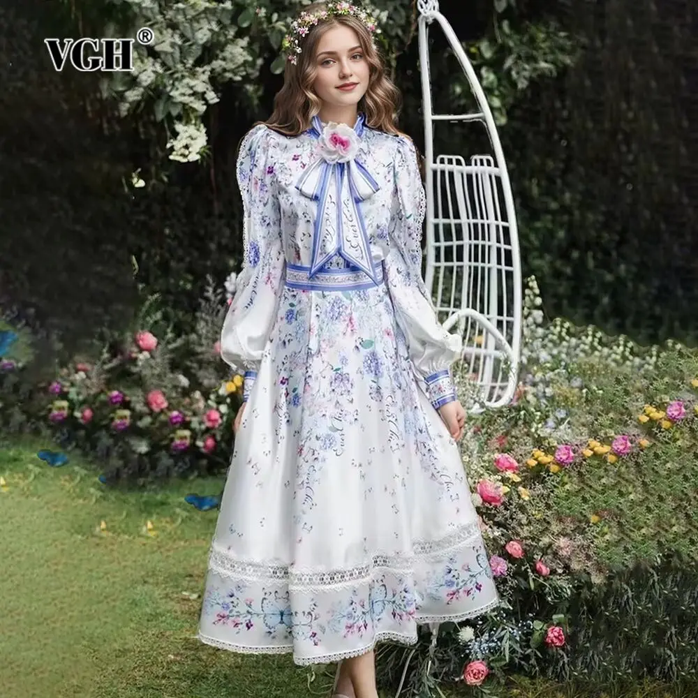 

VGH Hit Color Floral Printing Elegant Dress For Women Stand Collar Long Sleeve High Waist Spliced Lace Up Dresses Female Style