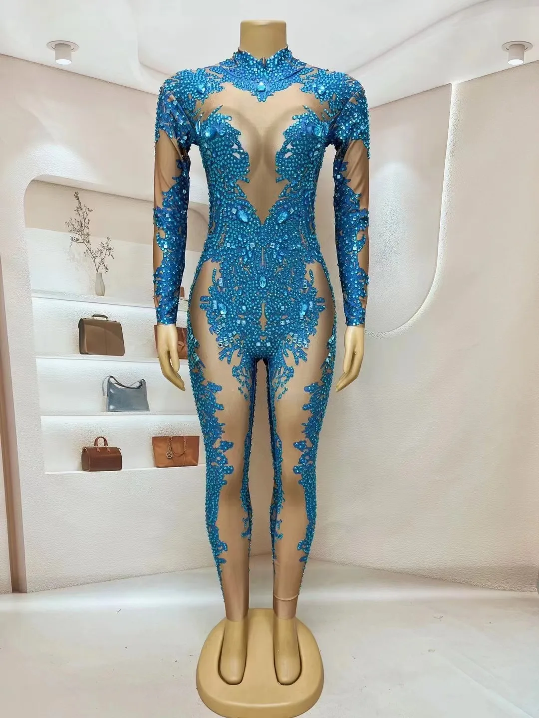 

High Qulity Sexy Sparkly Diamond Azure Blue Color Sheath Jumpsuit Nightclub Singer DJ Performance Costume Dancer Stage Wear