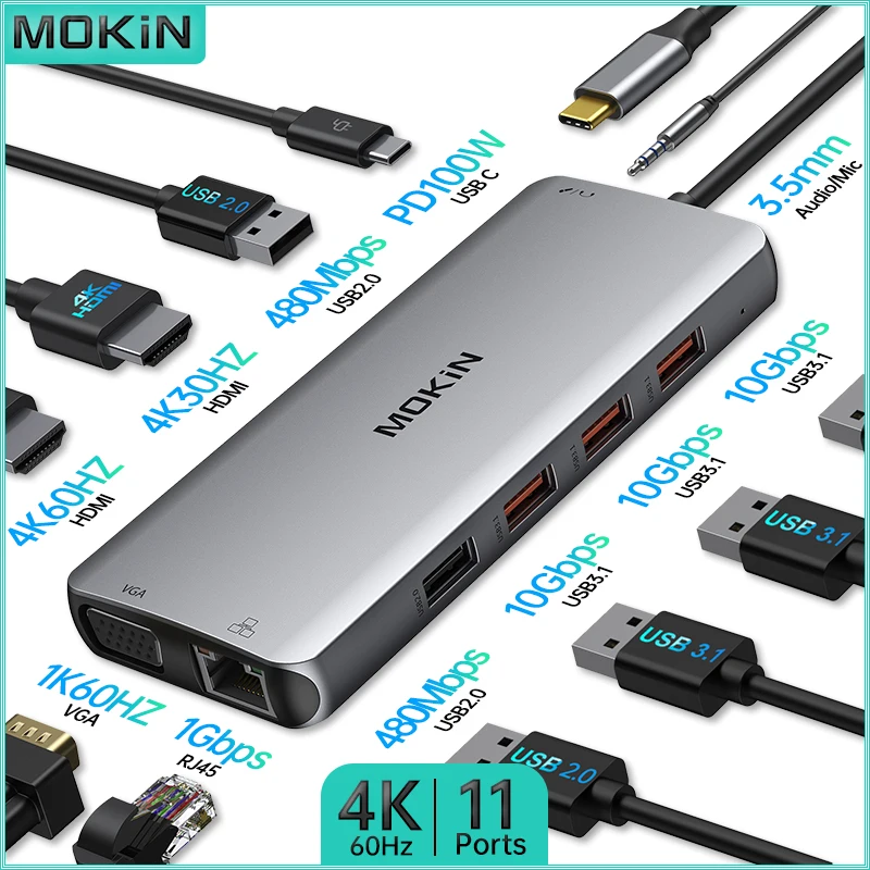 

Док-станция MOKiN 11 в 1 для MacBook Air/Pro, iPad, ноутбука Thunderbolt — USB2.0, HDMI 4K30 Гц, PD 100 Вт, RJ45 1 Гбит/с, аудио