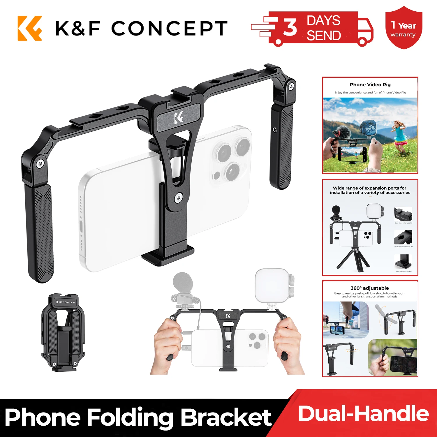 

K&F CONCEPT Mini Mobile Phone Mirror Folding Bracket CNC Material 360° Cell Phone Clips Holder for IPhone Huawei Xiaomi Samsung