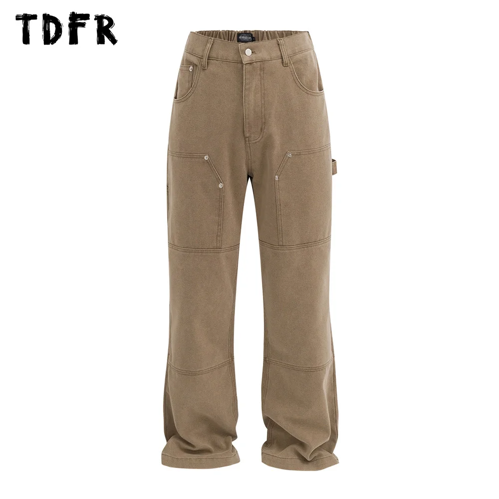

Solid Color Spliced Carpenter Pant Mens Multi-Pocket Safari Style Straight Loose Casual Trousers Men