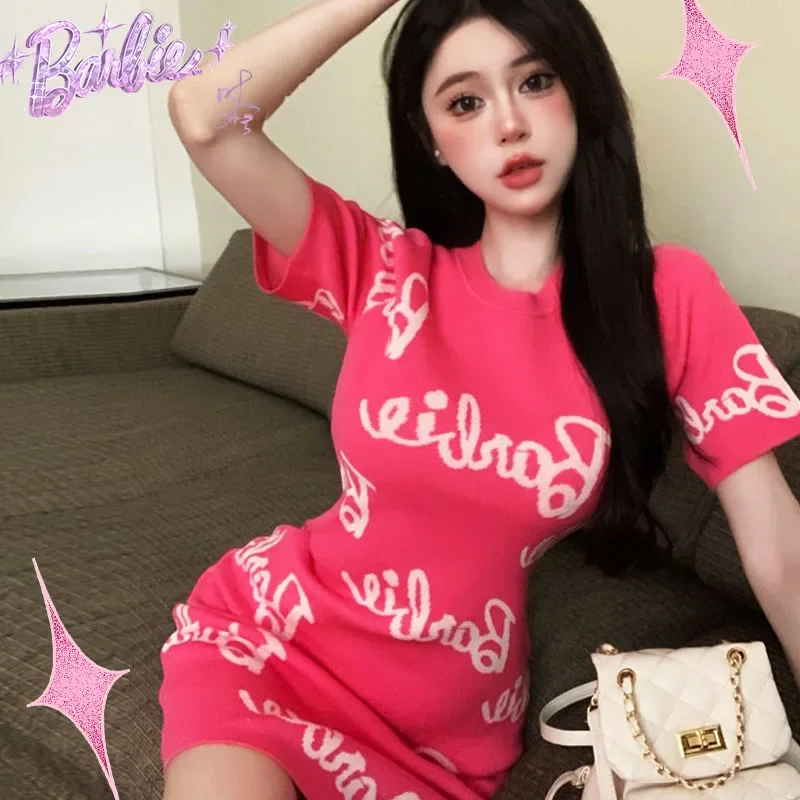 

Barbie New One-Piece Dress Short Sleeved Hip Wrap Skirt Kawaii Slim Fitting Fashion Stylsih Movie Cute Letters Girls Gift Lovely