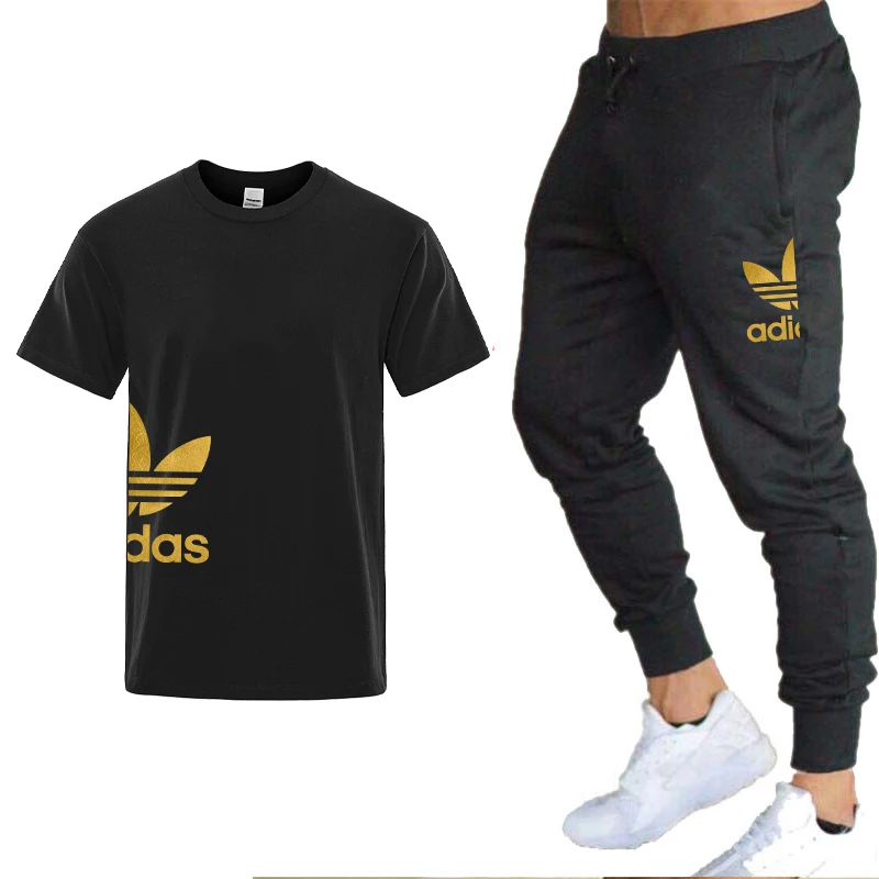 

Summer Men's Short Sleeve T-shirt + Sweatpant Suit Vintage 100% Cotton Tees Jogging Trouser for Male Luxury Sport Streetwear