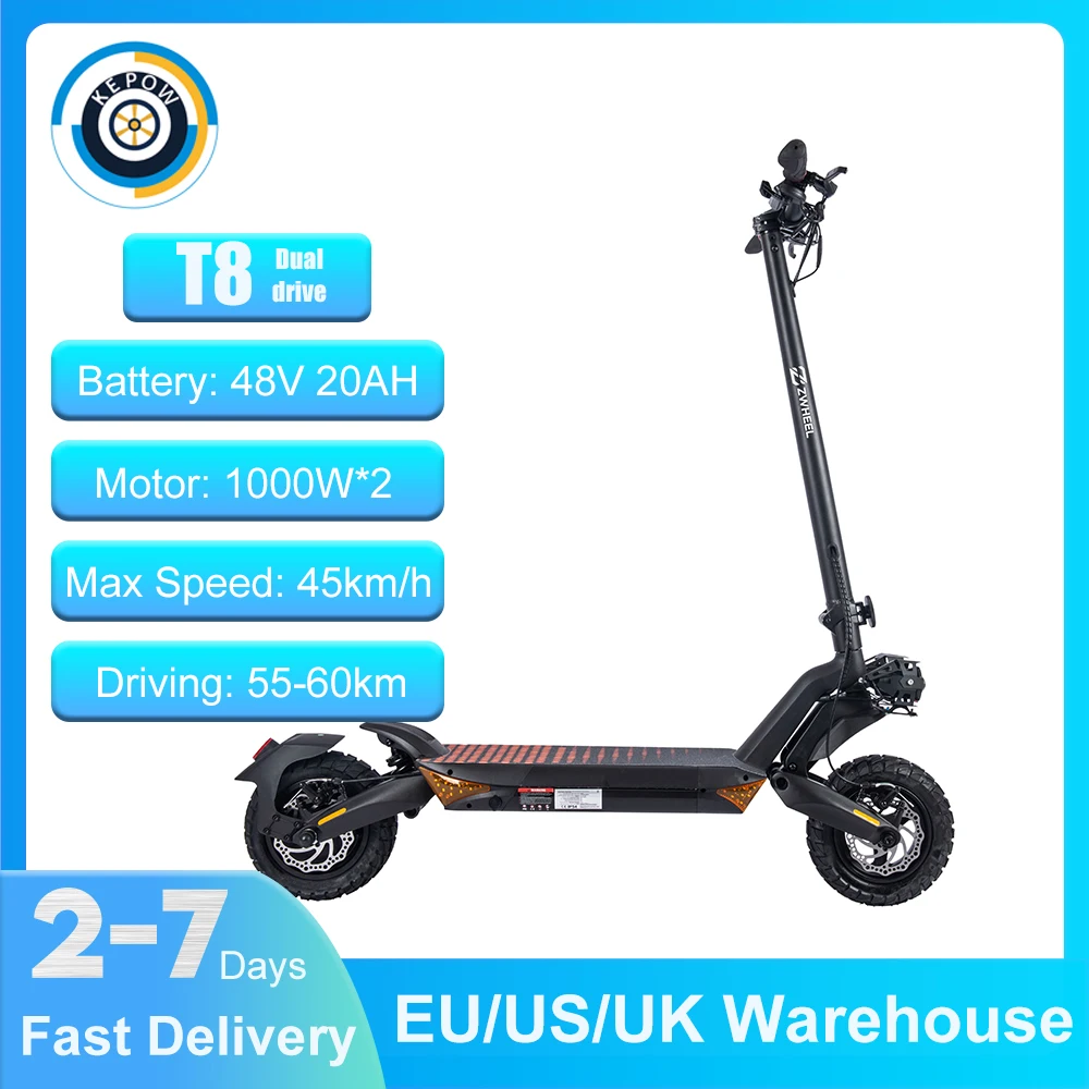 

Kepow 2000W Powerful Electric Scooter T8 Dual Drive Electric Scooters For Adults 45KM/H Kick E-Scooter 10 inch Off Road Scooter