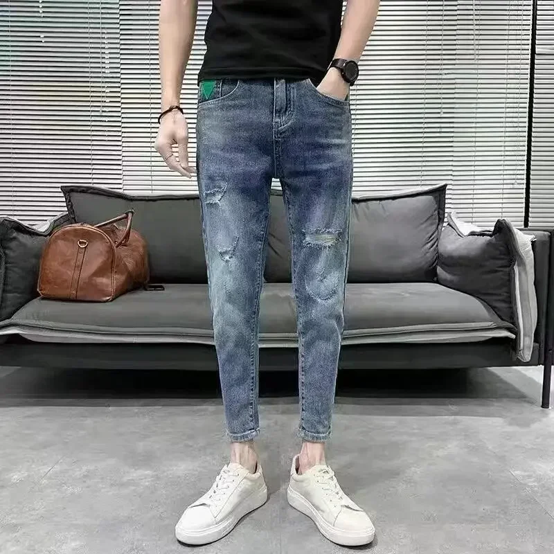 

Man Cowboy Pants Tight Pipe Men's Jeans Tapered Cropped Slim Fit Trousers Skinny Light Blue Loose Big Size Cheapest Slacks Baggy