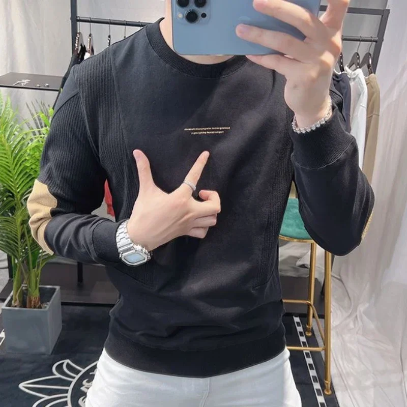 

Male Clothes Crewneck Top Pullover Sweatshirt for Men Round Neck Print Black Spliced Hoodieless Cheap New in Winter One Piece S