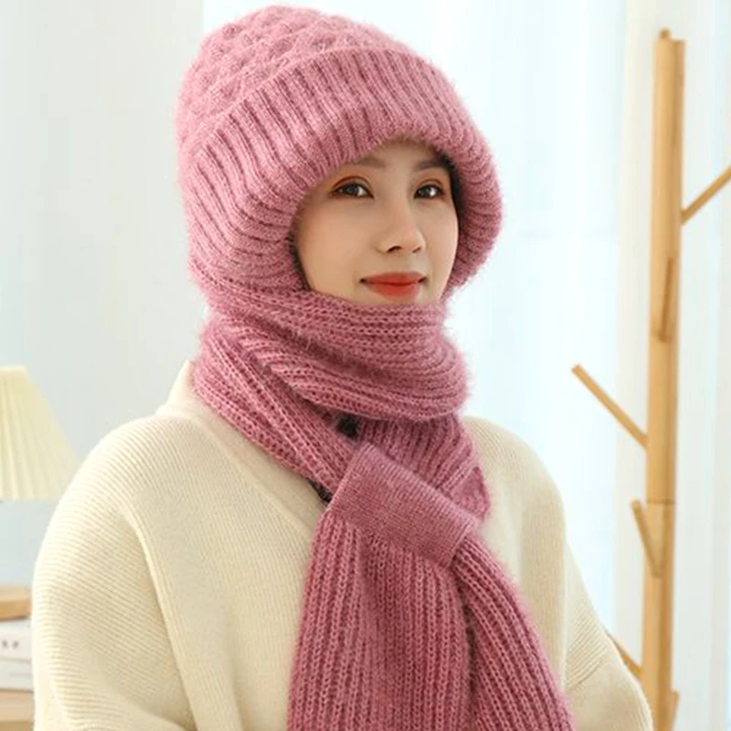 

Winter Women Woolen Hat with Scarf Set Windproof Beanie Caps Knitted Fleece Lined Solid Hat Ear Protection Thickened Plush Decor