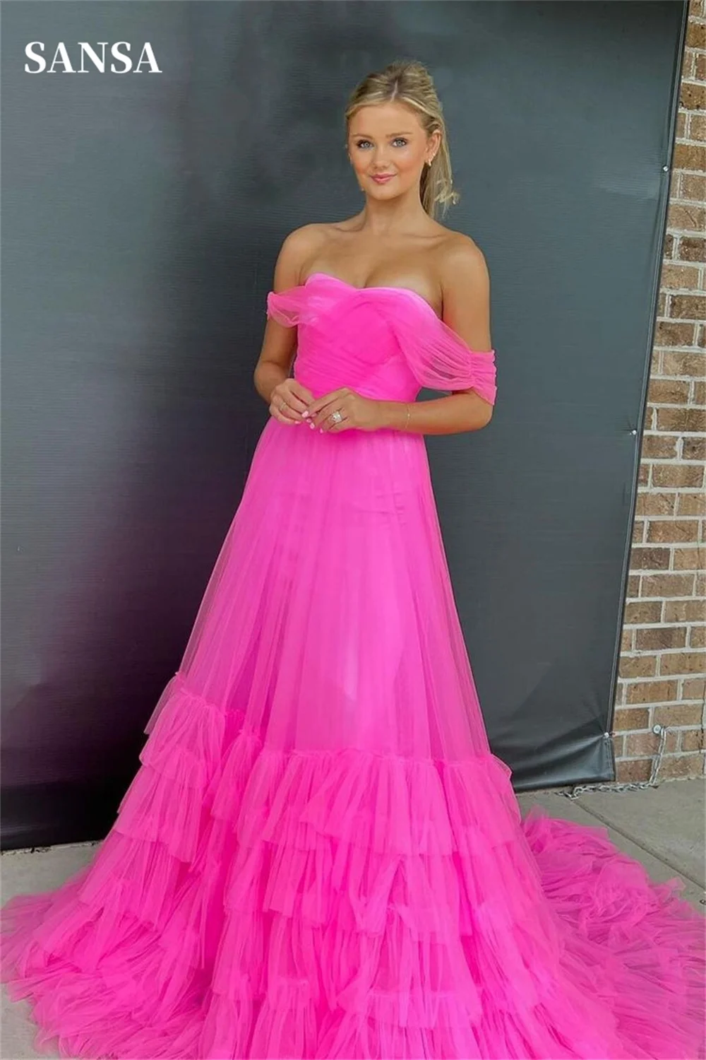 

Sansa Hot Pink Off the Shoulder Prom Dress A-line Tulle Wedding Dresses Elegant Sleeveless Floor-Length Vestidos De Fiesta 2024