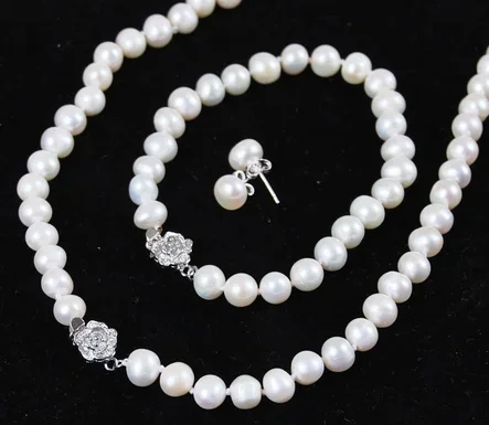 

8-9mm White Akoya Cultured Pearl Jewelry Bracelet Necklace Earrings Set 18"7.5"