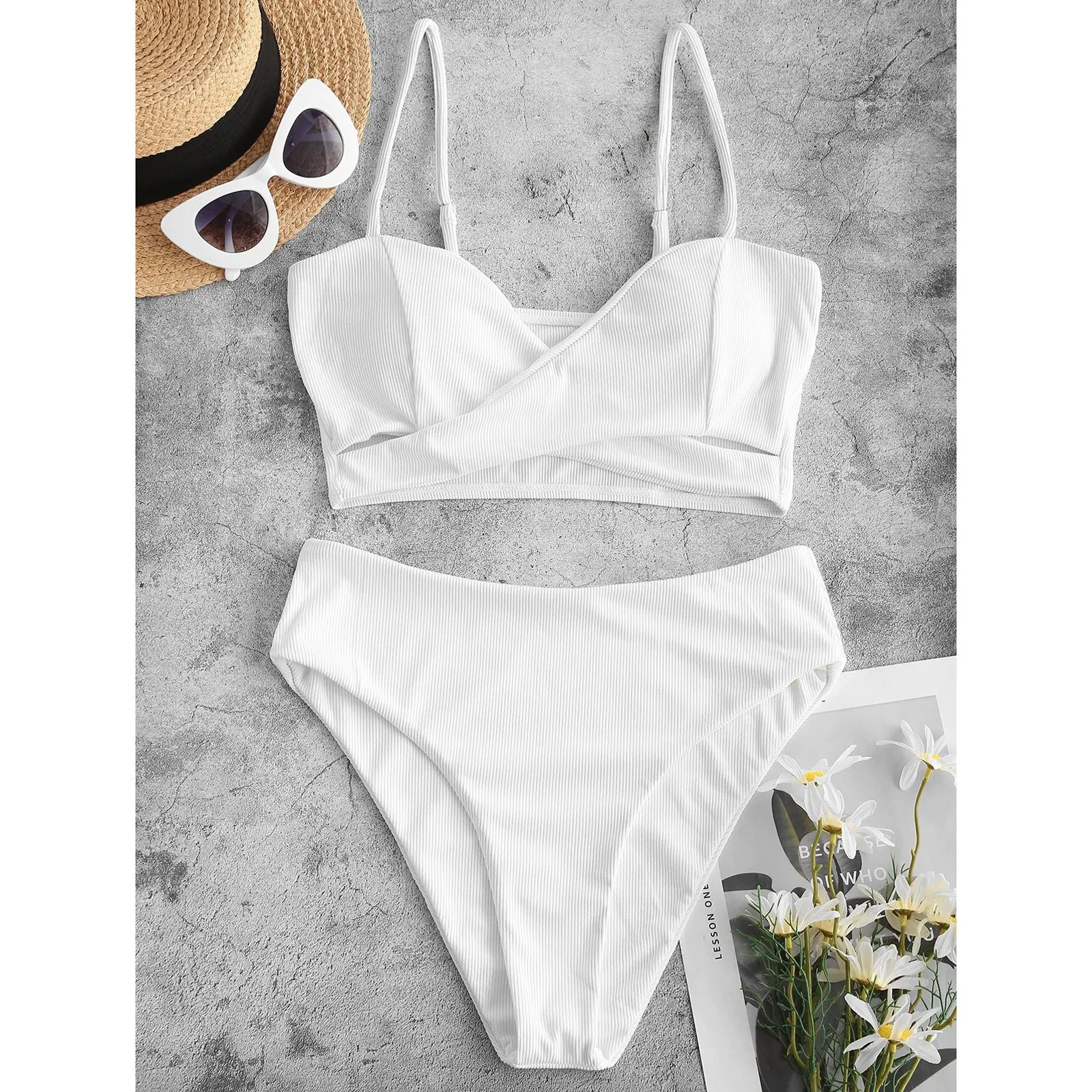 

2024 New Women Swimsuit Sexy Woman High Waist Bikini Swimwear Female Two Piece Beachwear White Bikinis Set Ribbed Bathing Suit