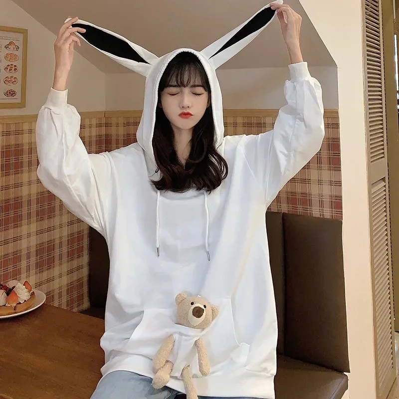 

Bunny Ears Cotton Hooded Pullover Cute Bear Hoodies Harajuku Women Winter Fall 2024 Loose Mid-length Oversize Long Sleeve Jumper