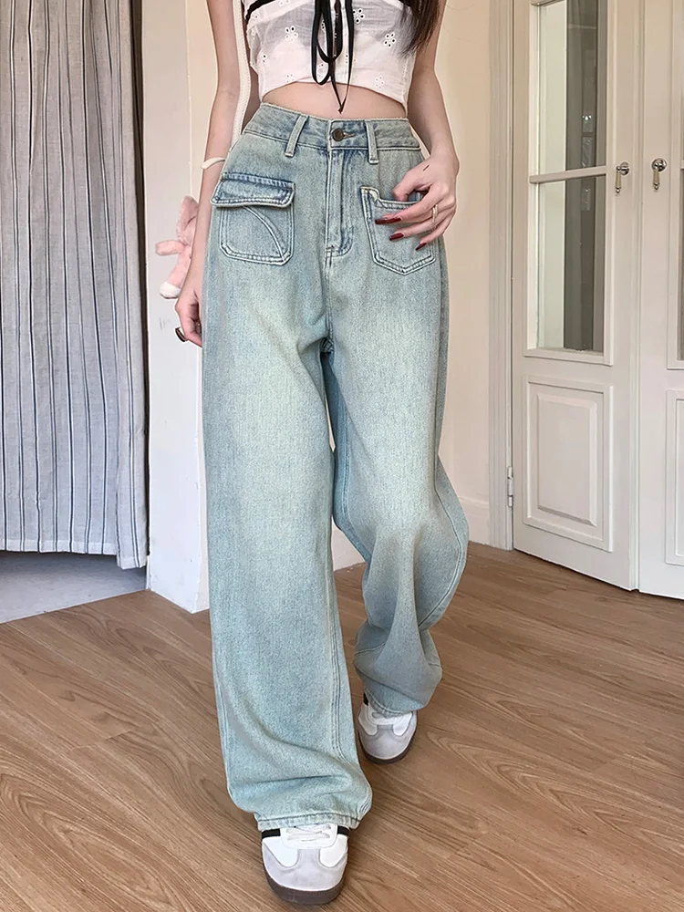 

Benuynffy Vintage Y2k Baggy Wide Leg Jeans Women Streetwear Washed Denim Pants High-waisted Loose Straight Leg Trousers 2024