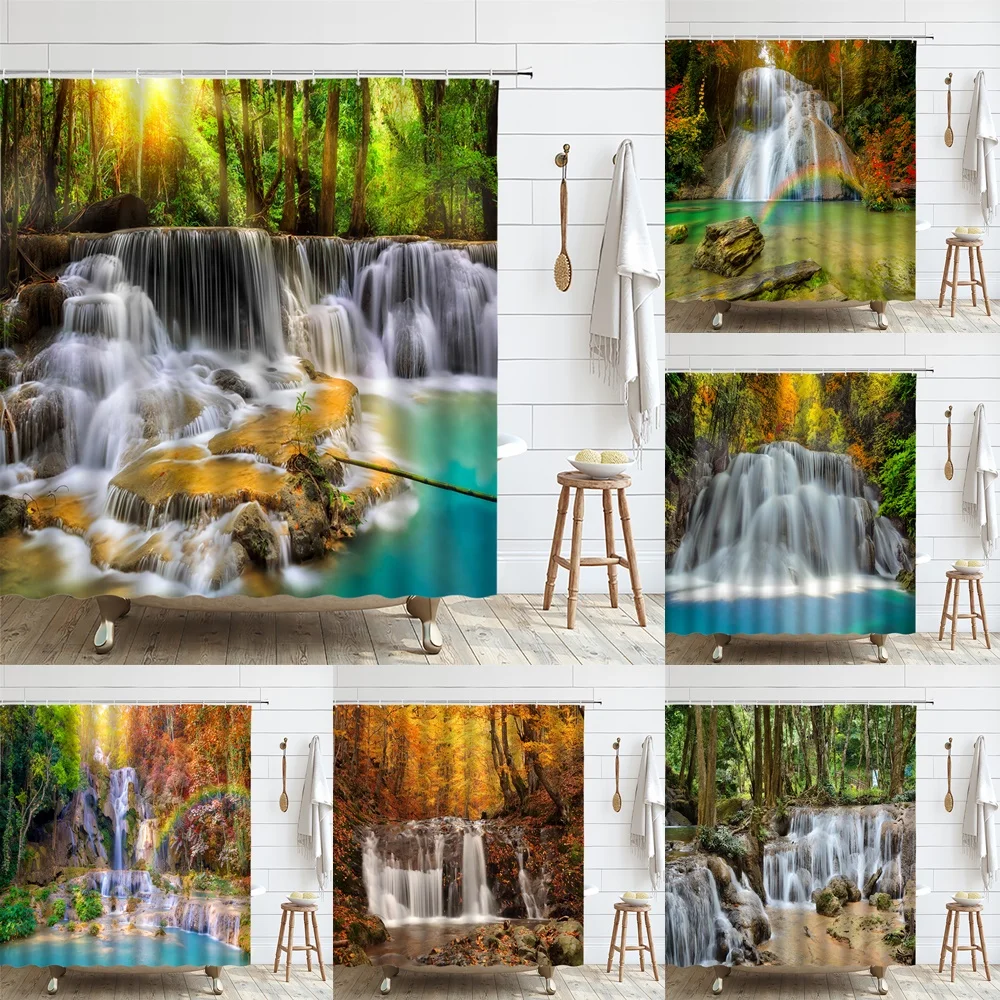 

Natural Scenery Shower Curtains Waterfall Green Forest Meadow Spring Landscape Blue Lake Bathroom Decor Cloth Bath Curtain Set