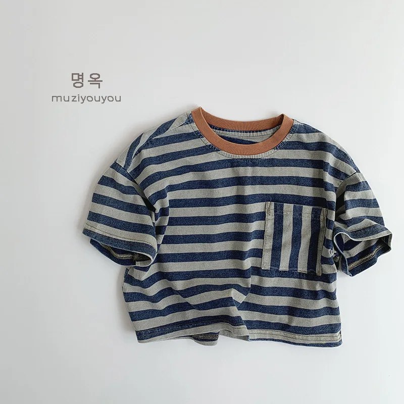 2025 Summer New Children Casual Striped T Shirts Cute Girls Short Sleeve Tops Baby Boys Pocket Tee Infant T Shirts Kids Clothes 1 S1d2ed8b7838a4677a2934199dfbe9bb0q