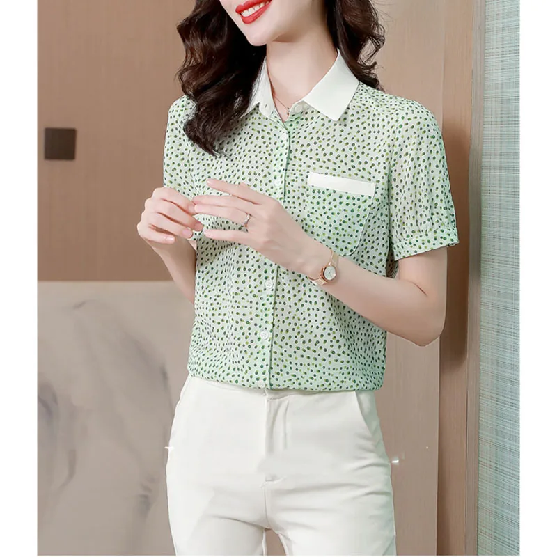 

New Women's Summer Contrast Color Turn-down Collar Button Fashionable Drape Simplicity Slim Short Sleeve Polka Dot Shirt Tops