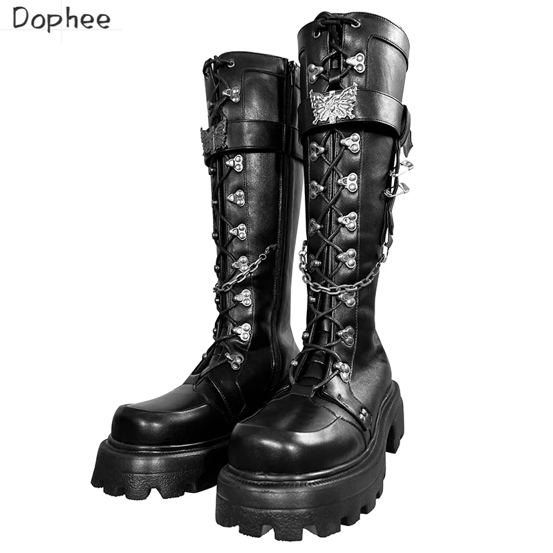 

Dophee Original Autumn Winter High Barrel Martin Boots for Women Square Head Punk Style Long Boots All-match Knight Boots