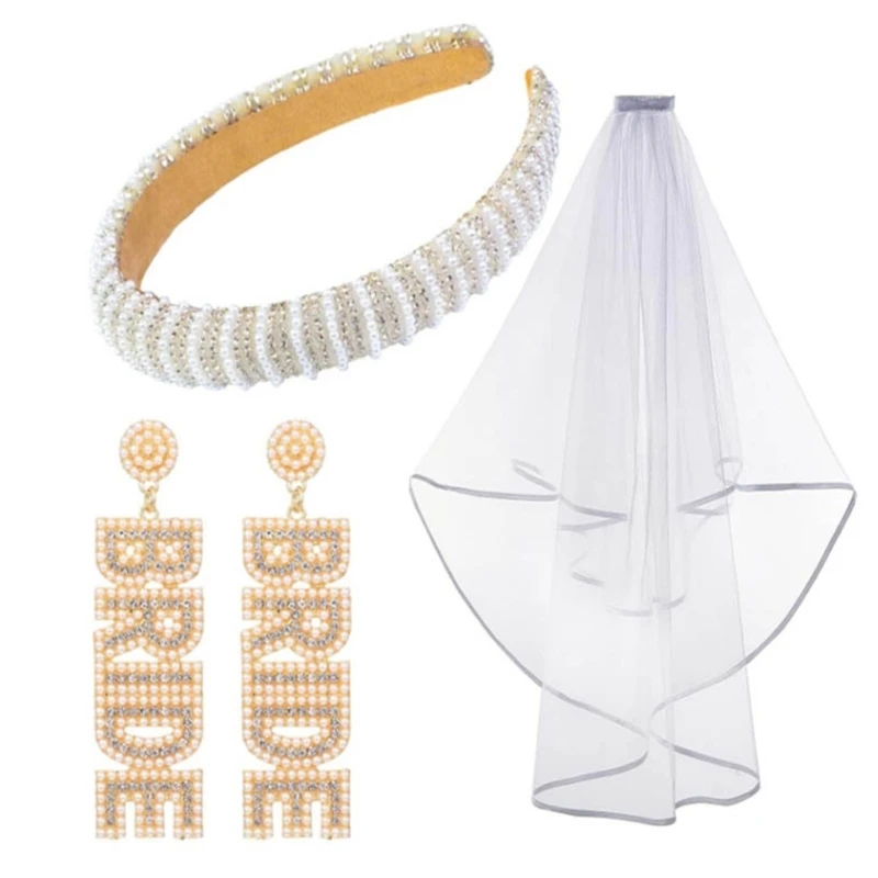 

Artificial Pearl Bride Veil Headbands Earring Set Wedding Celebration Hairhoop Dropship