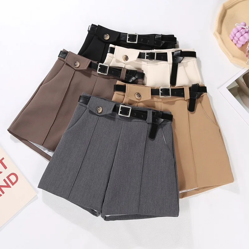 

Autumn Winter Warm Sexy Shorts Tailored Suit Shorts with Belt Women 2021 Brief Solid Office Lady Work Wear Leisure Suit Shorts