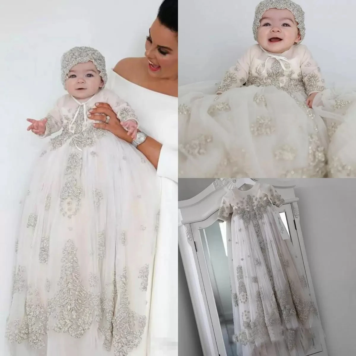 

White Ivory Christening Gown for Little Kids O Neck Long Sleeve Lace Pearls First Communion Dress Toddler Infant Baptism Gowns