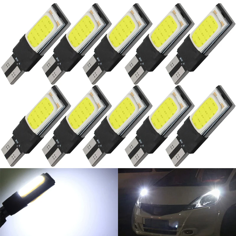 

10 PCS T10 W5W LED Signal Light Canbus Error Free COB 12V 7000K White Car Interior Dome Reading Door Trunk License Plate Lamps