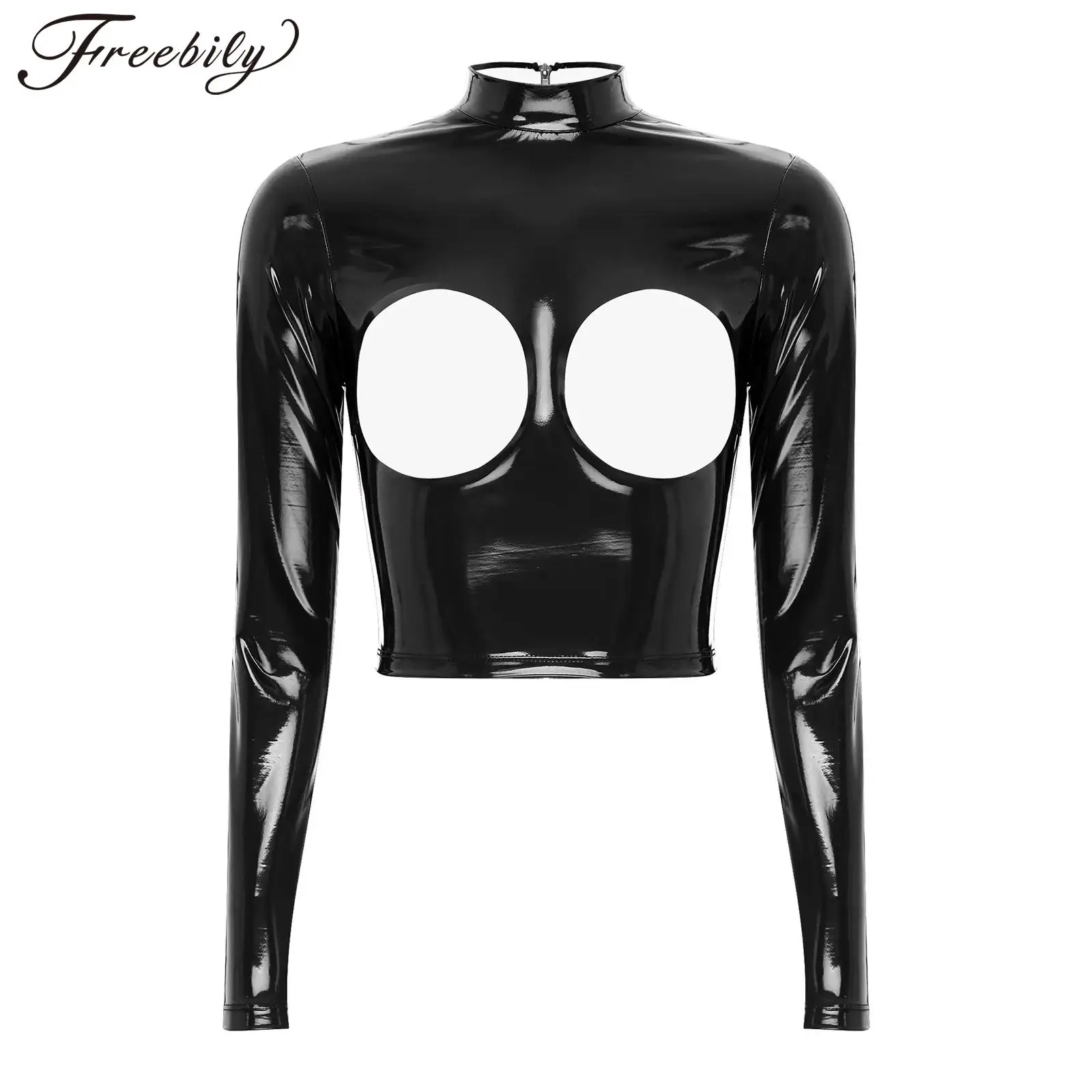 

Womens Glossy Patent Leather Top Mock Neck Long Sleeve Hollowing Breast Back Zipper Sexy Bodycon Top for Nightclub Party