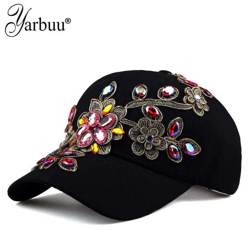 

[YARBUU]New Fashion Four Seasons Baseball Cap For Women Born Pretty Flower Rhinestone Gorras Hombre Sun Protection Casquette Hat