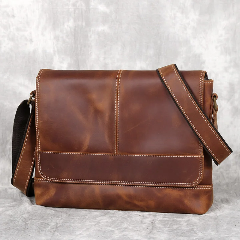

New Leather Men's Shoulder Bag Retro Top Layer Cowhide A4 File Men's Bag Brown Handmade Crazy Horse Leather Messenger Bag