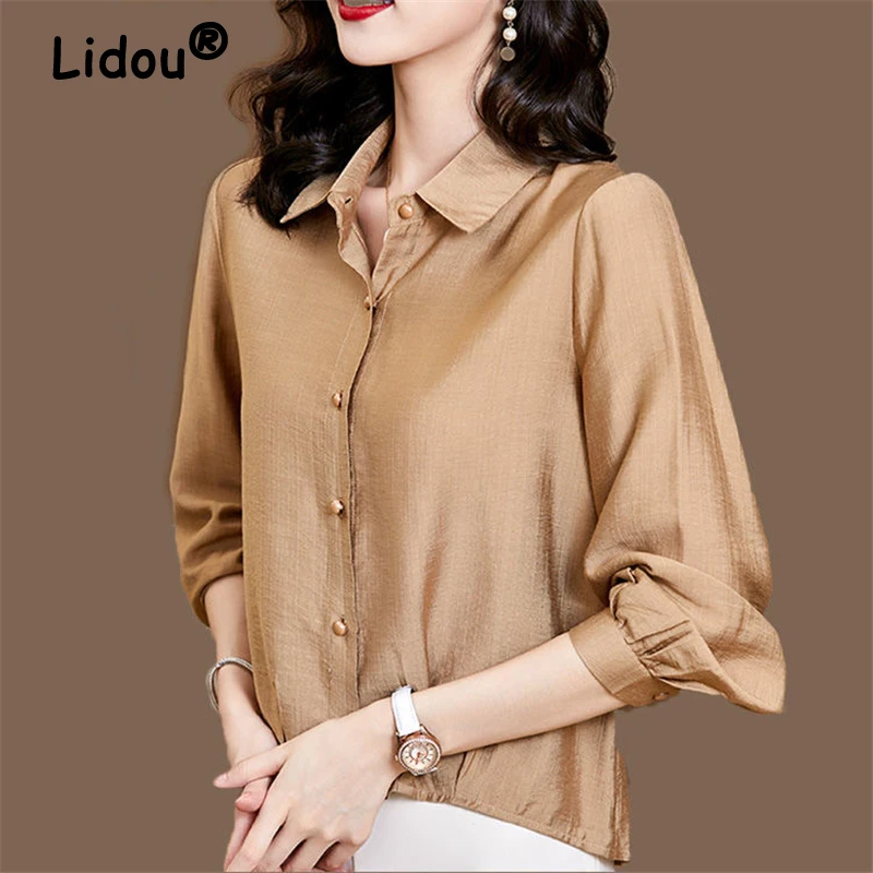 

2023Spring Autumn Korean Fashion Elegant Loose Cotton Linen Button Up Shirt for Women Casual Solid Long Sleeve Blouse Top Female