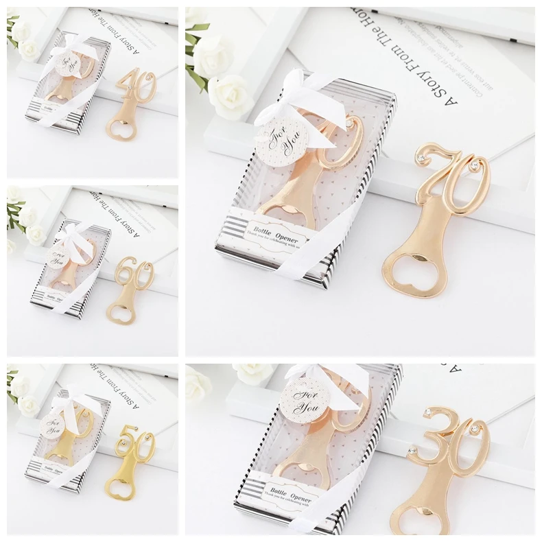 

(25Pcs/lot) Gold Bottle Openers of 40th Birthday favors For 60th anniversary Gifts and 70th wedding receoption gift souvenirs