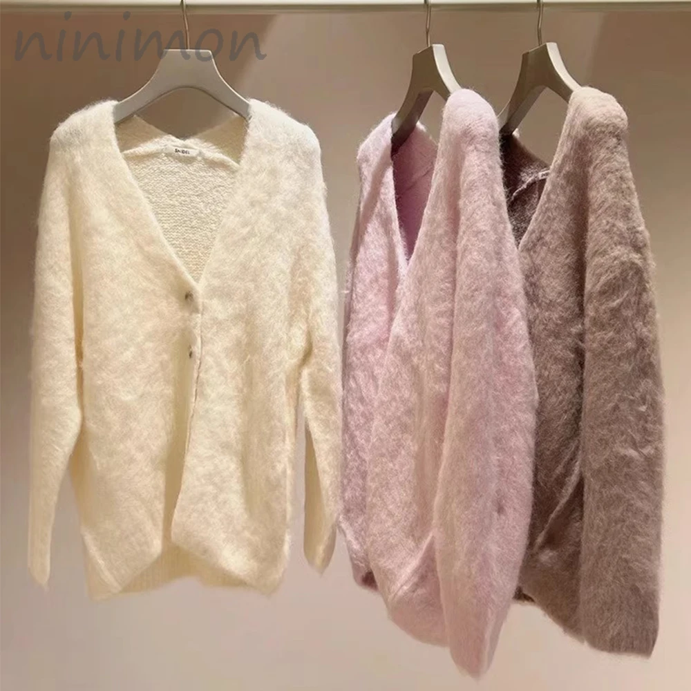 

NINIMON Fluffy V-neck Solid Colour Sweet Knit Cardigan Sweater Women Single-Breasted Knitted Cardigan Tops Elegant Jumper Japan