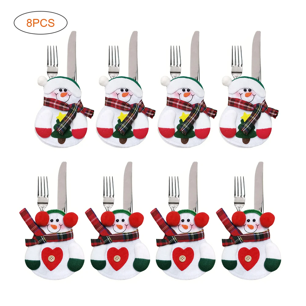 

8pc Christmas Cutlery Cover Bag Cloth Snowman Elk Shaped Cute For Kitchen Tableware Knife Fork Xams Party Decoration