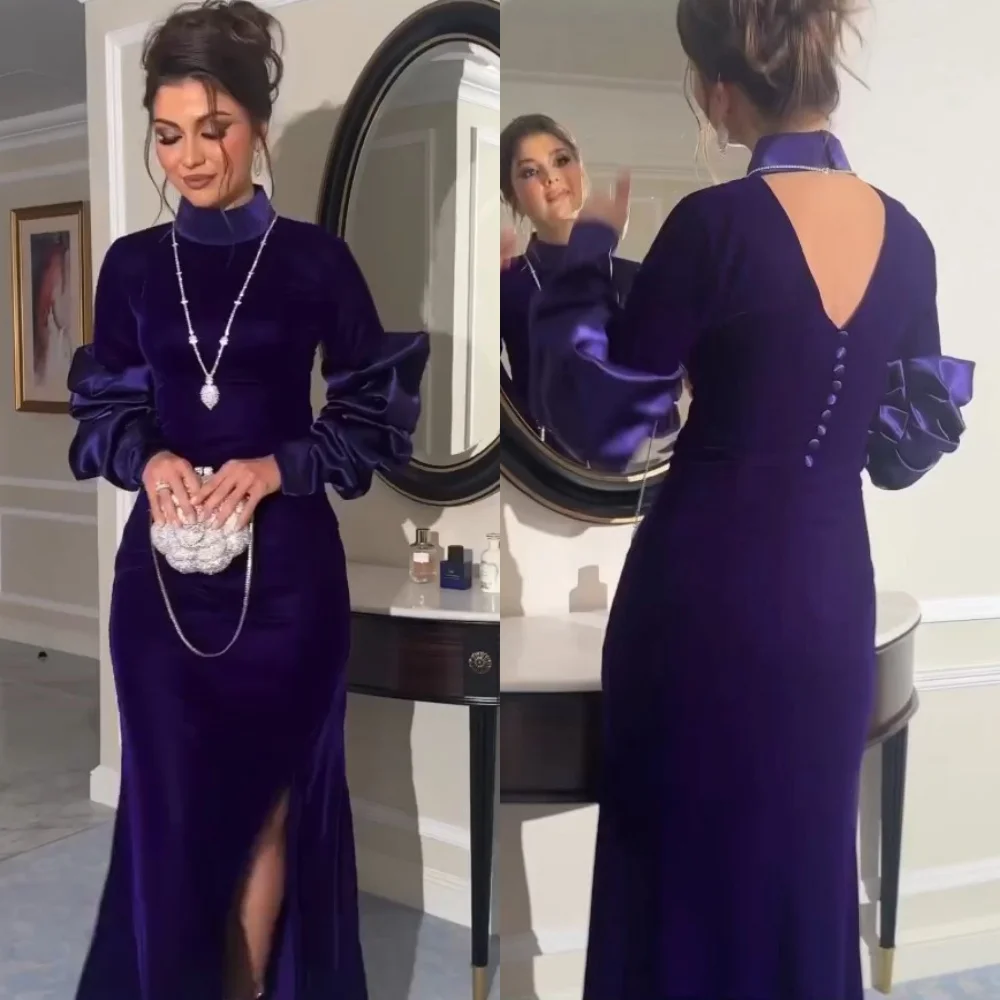 

Ball Dress Evening Prom Saudi Arabia Velour Button Graduation Sheath High Collar Bespoke Occasion Gown Midi es