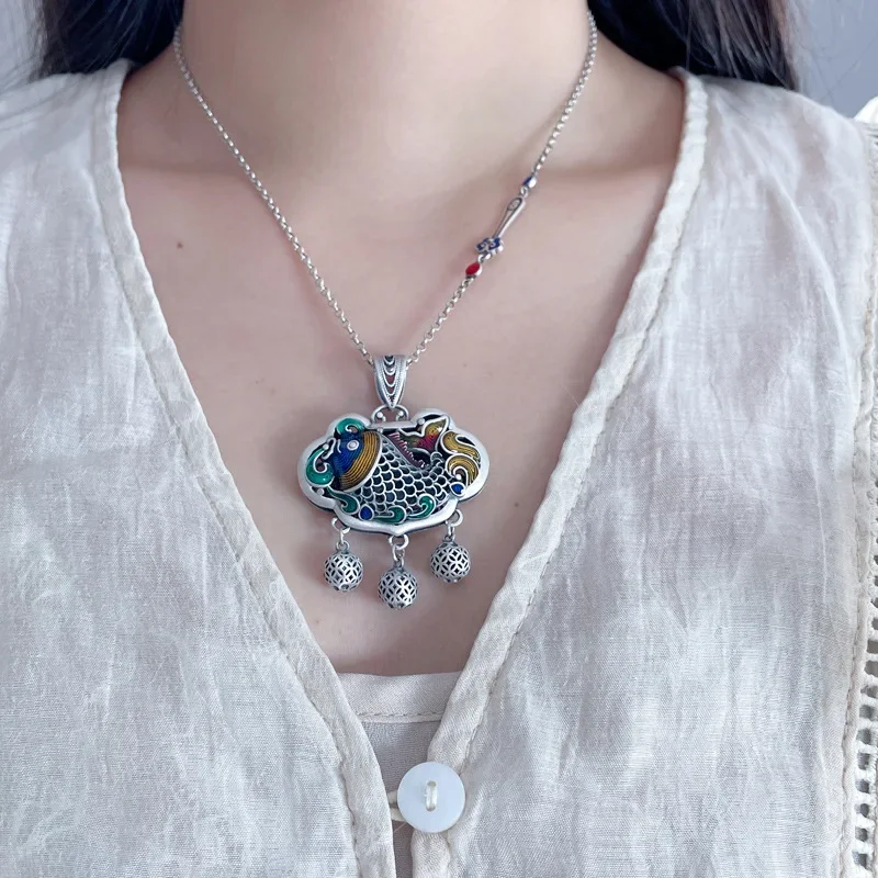 

New in Classic 925 Silver Carp Fish Lotus Tassel Necklace for Women Ethnic Style Blue Lotus Double Sided Pendant Jewelry Gift