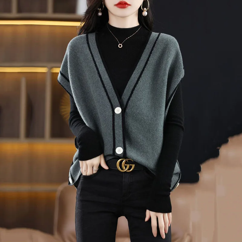 

Spring Autumn Women Vintage Casual Sweater Vest V-Neck Loose Cardigans Sleeveless Vest Fashion Female Knitted Sweaters Waistcoat