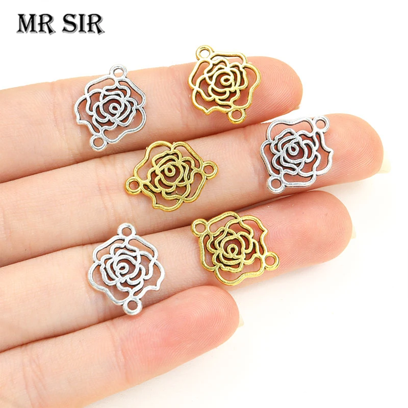 

30pcs Alloy Romantic Rose Connectors Charm Antique Gold/Silver Color Flower Link Pendants DIY Handmade Bracelets Necklace Making