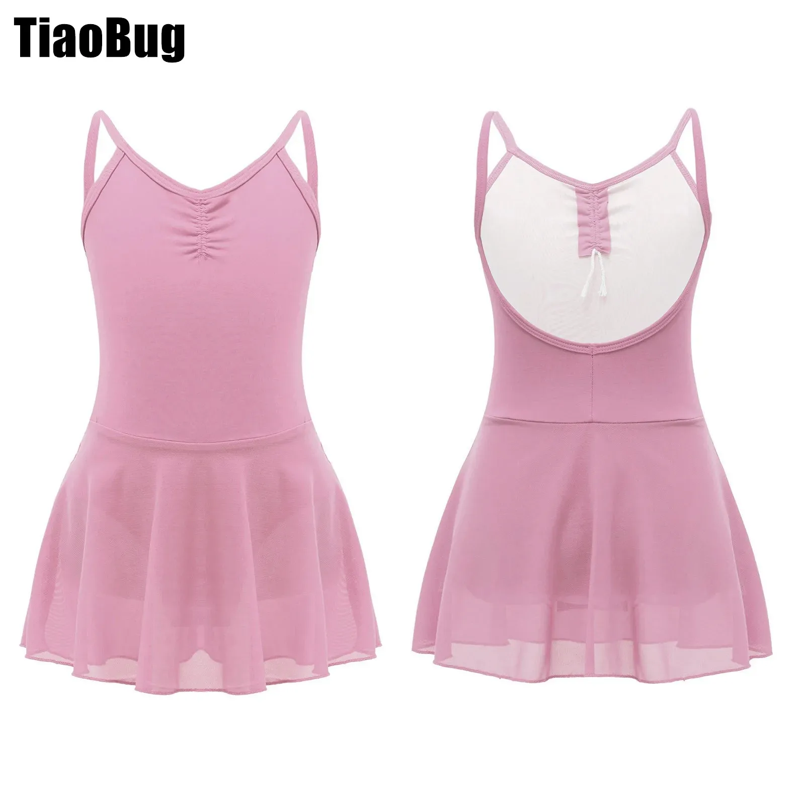 

Kids Girls Backless National Examination Ballet Dress Physical Dance Clothes Suspender V Neckline Ruched Front Solid Color