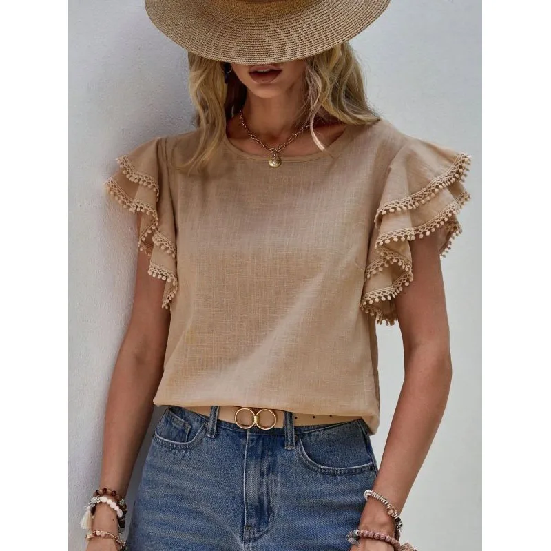 

Summer New Pullovers Solid Color Crew Neck Tassel Spliced Lotus Leaf Sleeve Fashion Loose Versatile Commuter Women's T-shirt Top