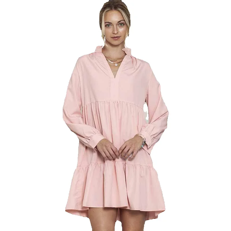 2023 Autumn New Standing Neck Pleated Ruffle Long Sleeve Dress Women's Solid Knee Length Short Skirt
2023 Autumn New Standing Neck Pleated Ruffle Long Sleeve Dress Women's Solid Knee Length Short Skirt