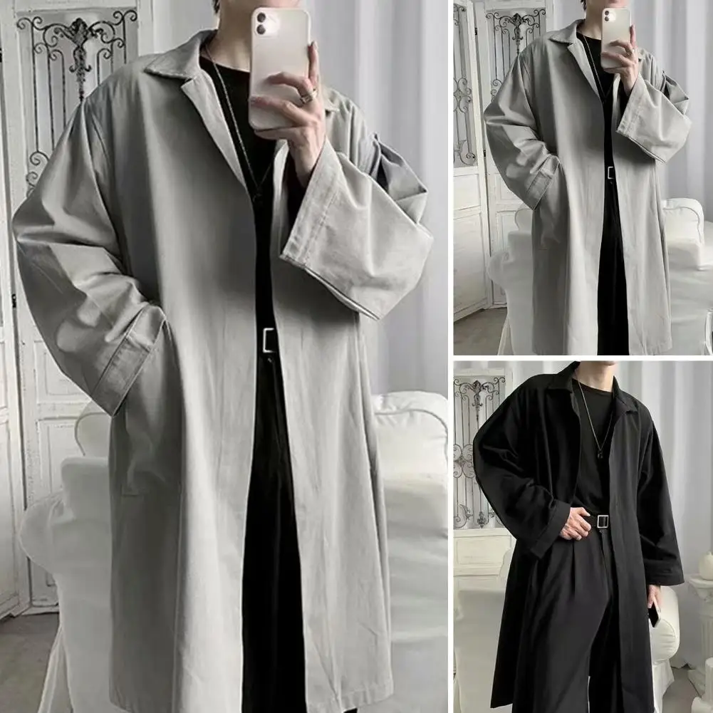 

Men Polyester Trench Coat Stylish Lapel Trench Coat for Men Breathable Wrinkle-resistant Spring Autumn Jacket Trendy Solid Color