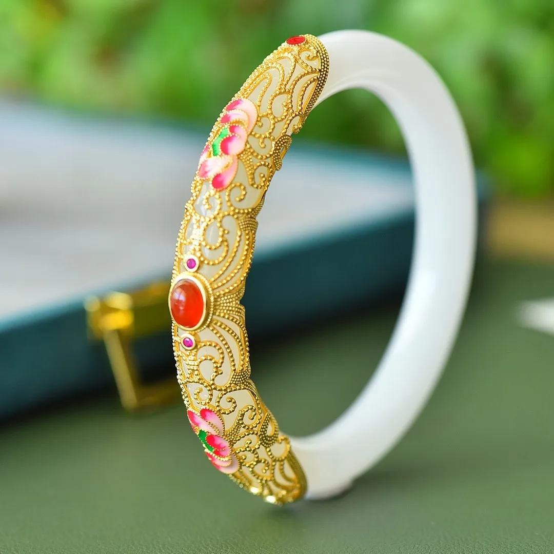 

Natural Nephrite White Jade Bangle Inlaid With Red Gemstone Enamel Lotus Flower Hetian Jades Bangles Gold Round Bracelet Women