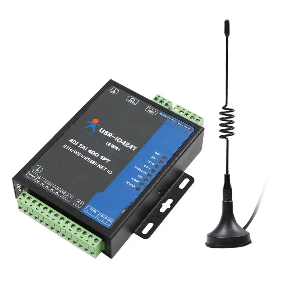 

USR-IO424T-EWR 4 Channel Network IO Controller with WiFi and Ethernet Support WAN/LAN RS485 Serial Server of 4DI/4DO/2AI/1PT