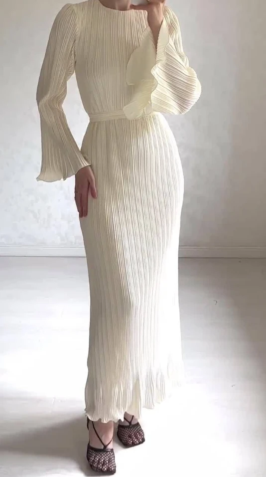 

Женское плиссированное платье средней длины, однотонное длинное платье со средней талией и расклешенными рукавами, весна-лето 2024