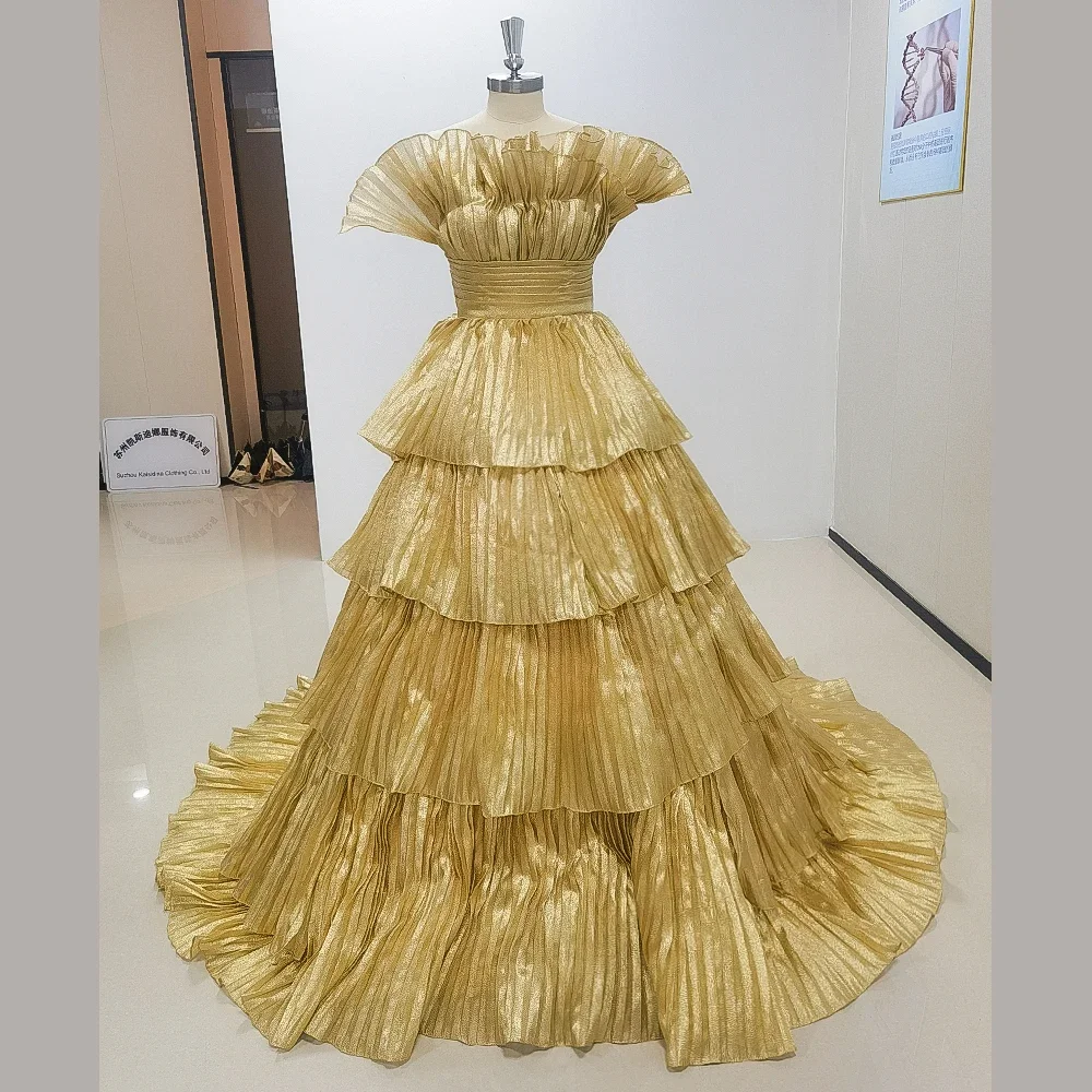 

Tiered Pleat Sparkly Draped Sleeveless Evening Dress Formal Occasion Chapel Train Elegant Women Ball Gown Luxury Prom Dresses