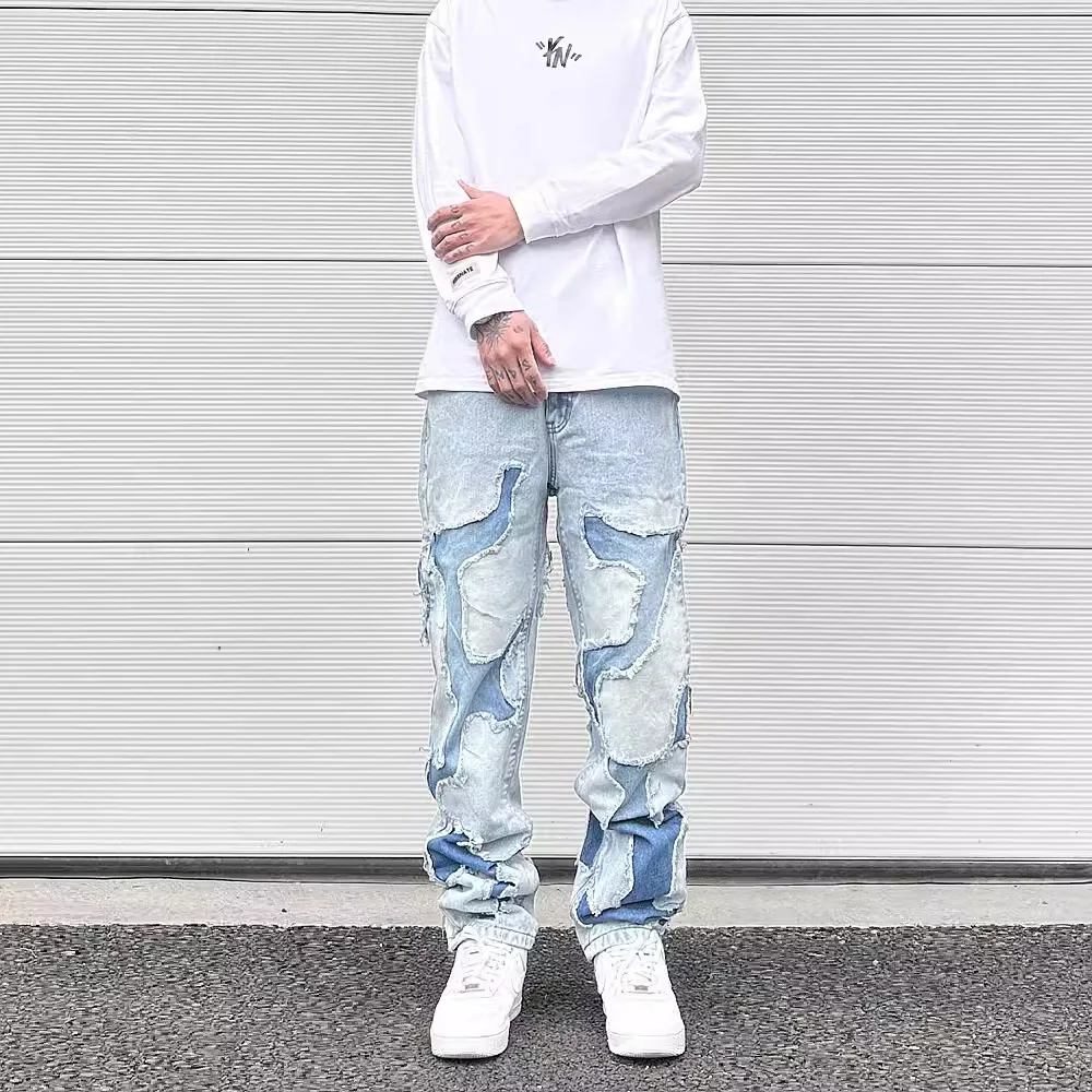 

Streetwear Swag Style Blue Frayed Jeans Pants for Men Retro Washed Ripped Casual Tapered Denim Trousers Slim Fit Y2k Jean Male