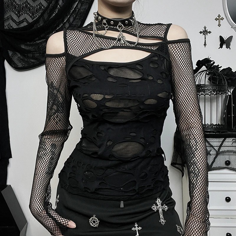 

Gothic Mesh Hole Long Sleeve Shirts for Women Mock Neck Slim Fit Fishnet Sheer Blouse Harajuku Cut Out See Through Tops