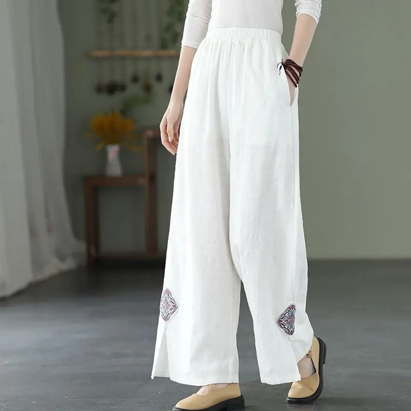 

Lady Summer New Literature Vintage Ethnic Style Cotton and Linen Jacquard Elastic Waist Loose Frog Embroidery Wide Leg Pants