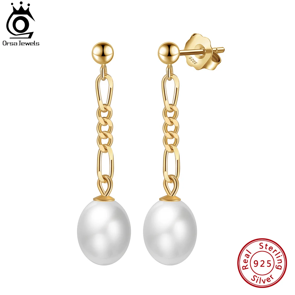 

ORSA JEWELS 14K Gold Genuine 925 Sterling Silver Dangle Pearl Earrings with Handpicked Natural Baroque Pearl for Women GPE80