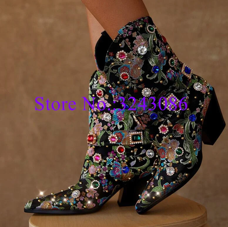 

Embroidery Crystal Chunky Heel Woman Ankle Boots Luxury Design Jewel Decor Lady Mid-calf Boots Sexy Female Banquet Shoes
